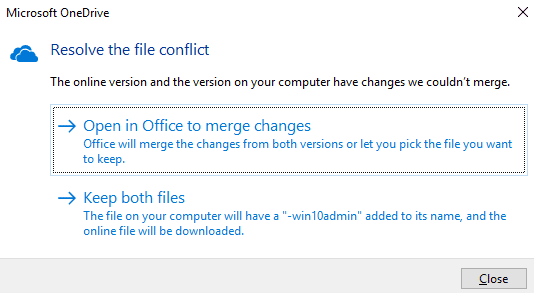 OneDrive prompt to resolve file conflict