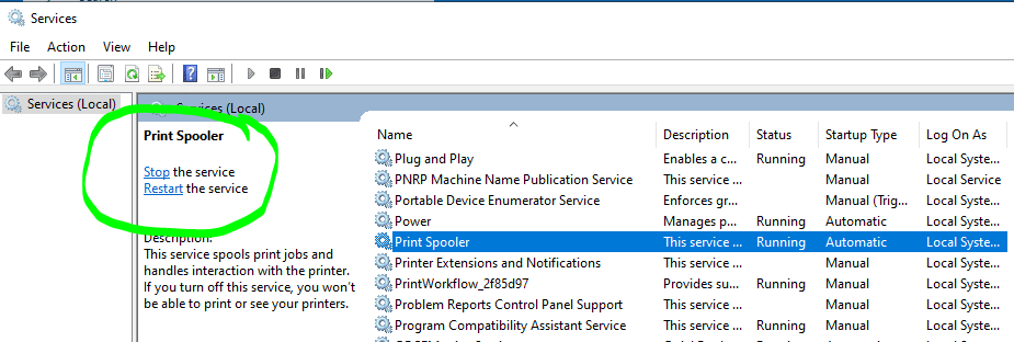 Screen clip of Windows Services Utility with Print Spooler selected.